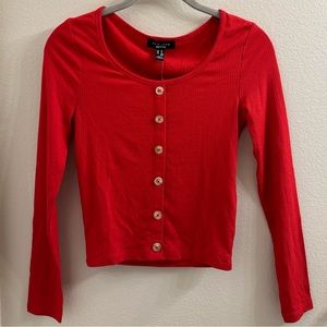 NWT New Look Red Sweater Top Lightweight Long Sleeve Ribbed Buttons US Size 2